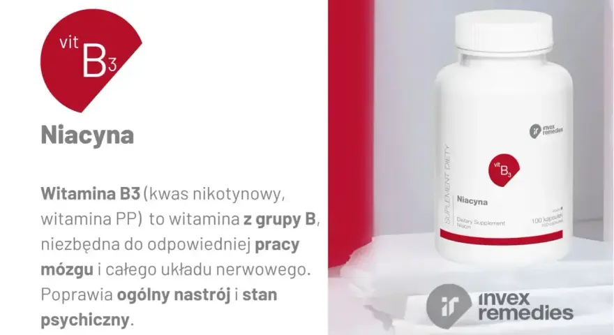Niacyna, czyli witamina B3, w kapsułkach. Wspiera pracę mózgu i układu nerwowego, poprawiając nastrój.