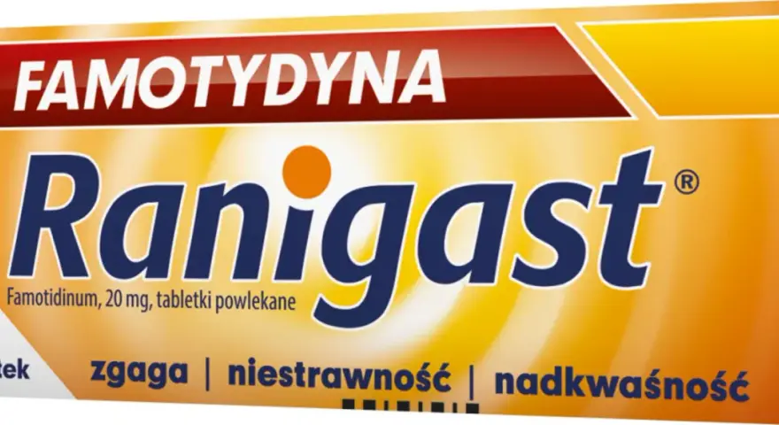 Opakowanie leku Ranigast z famotydyną na zgagę, niestrawność i nadkwaśność. 30 tabletek.