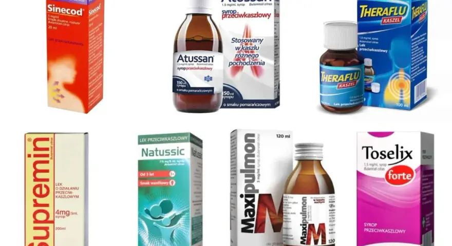 Kolekcja syropów wykrztuśnych: Sinecod, Atussan, Theraflu, Supremin, Natussic, Maxipulmon i Toselix.