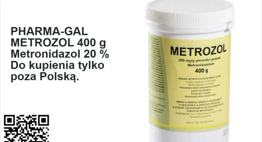 Opakowanie leku METROZOL 400 g z metronidazolem 20%. Informacja o cenie i dostępności poza Polską.