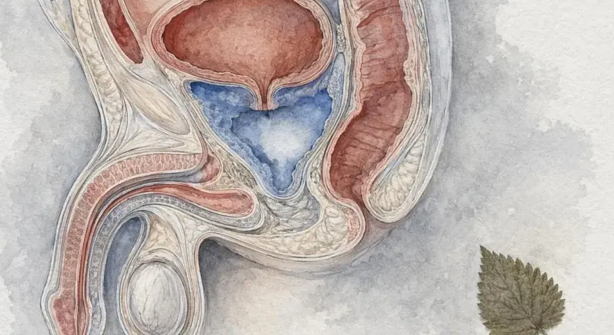Anatomical illustration of the male reproductive and urinary systems, showing the bladder, urethra, penis, and testes. A dried leaf rests nearby, perhaps a reminder of nature's cycles.