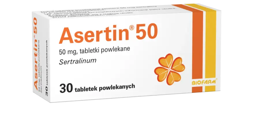 Opakowanie leku Asertin 50, zawierającego 30 tabletek powlekanych z sertraliną, stosowanego w leczeniu depresji i innych zaburzeń.