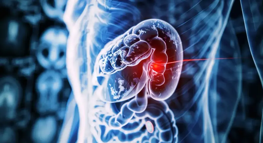 Anatomical visualization of a human torso, highlighting a significantly enlarged spleen with a red glow indicating an issue.