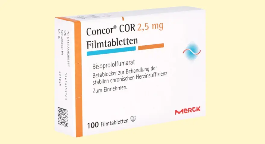 Opakowanie leku Concor Cor 2,5 mg, zawierające 100 tabletek. Stosowany w leczeniu niewydolności serca.