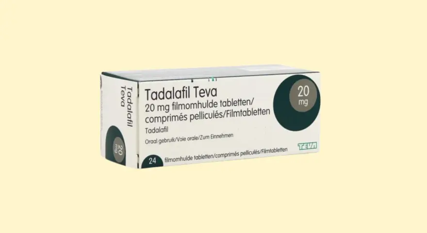 Opakowanie Tadalafil Teva 20 mg, zawierające 24 tabletki. Lek ten, znany również jako Cialis, jest stosowany w leczeniu zaburzeń erekcji.