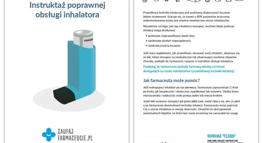 Instrukcja obsługi inhalatora, np. Ventolin. Prawidłowa technika to klucz do skutecznego leczenia astmy. Farmaceuta pomoże opanować właściwe użycie.