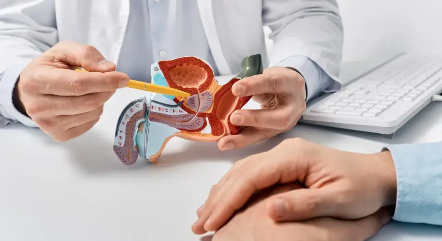 Lekarz omawia z pacjentem model układu moczowo-płciowego, wskazując na obszar prostaty, co może dotyczyć problemów z zapaleniem prostaty.