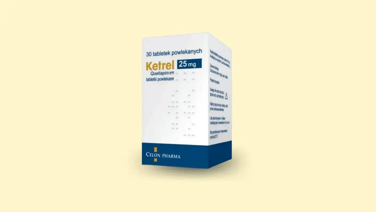 Opakowanie leku Ketrel 25 mg, zawierające 30 tabletek powlekanych. Stosowany w leczeniu schizofrenii i zaburzeń dwubiegunowych.
