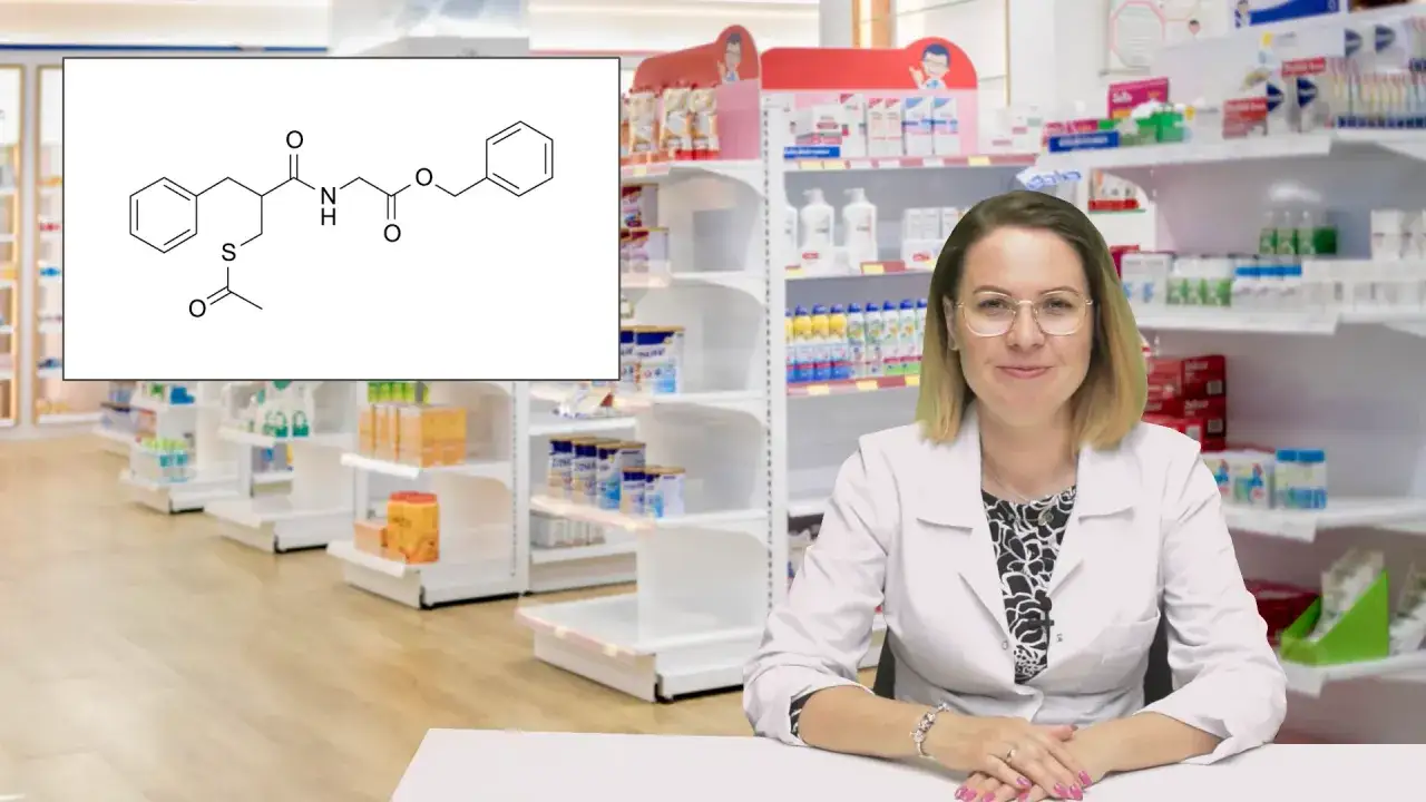 Farmaceutka prezentuje wzór chemiczny leku, który może pomóc w leczeniu biegunki, np. Hidrasec.