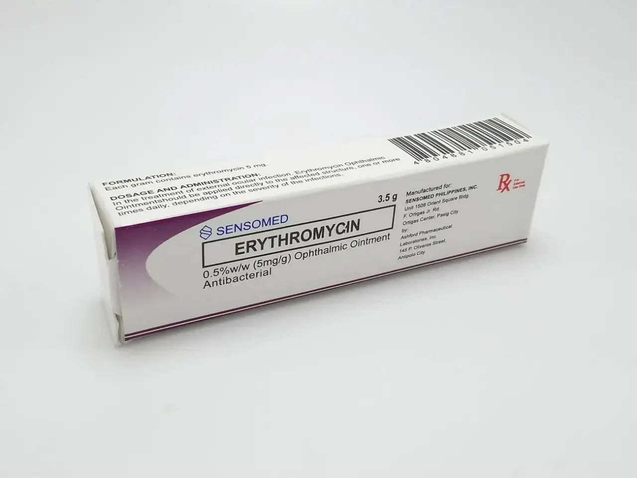 Opakowanie maści do oczu SENSOMED ERYTHROMYCIN 0.5% w/w. Pomaga w leczeniu infekcji bakteryjnych.