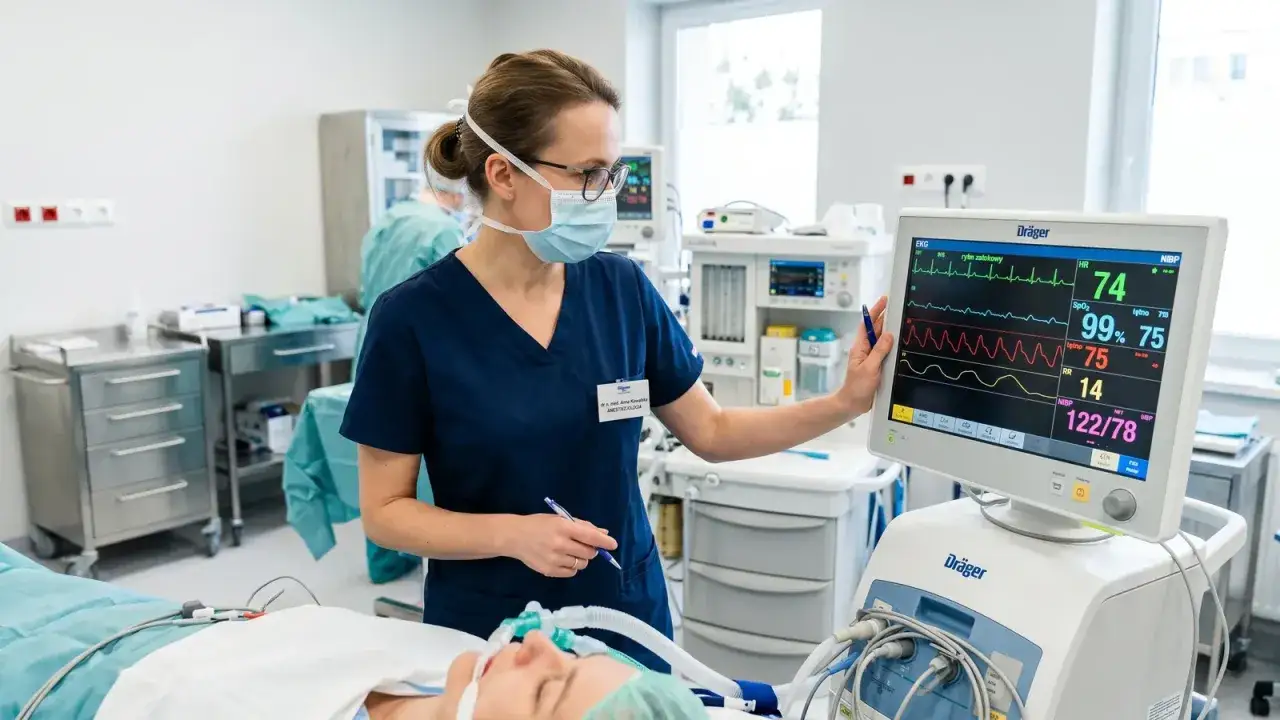 Lekarka anestezjolog monitoruje parametry życiowe pacjenta podczas znieczulenia ogólnego. Na ekranie widoczne są EKG, saturacja i ciśnienie.