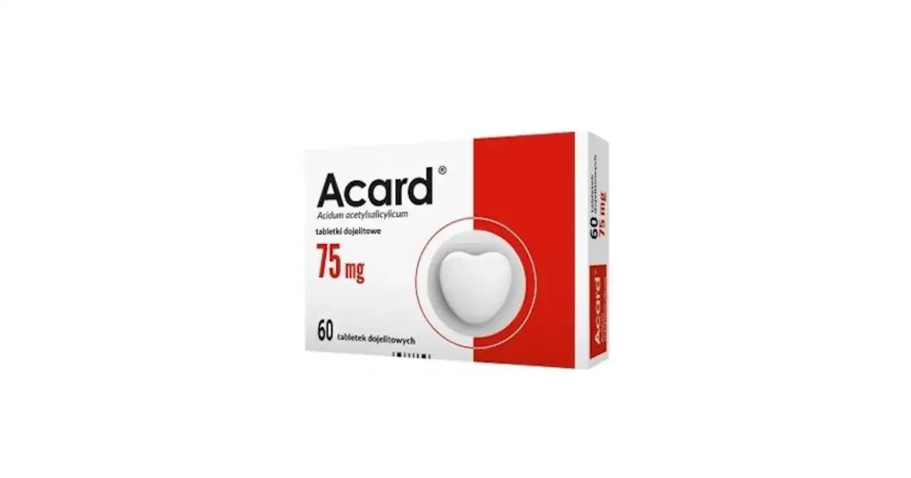 Opakowanie Acardu 75 mg, 60 tabletek. Warto pamiętać o potencjalnych skutkach ubocznych.