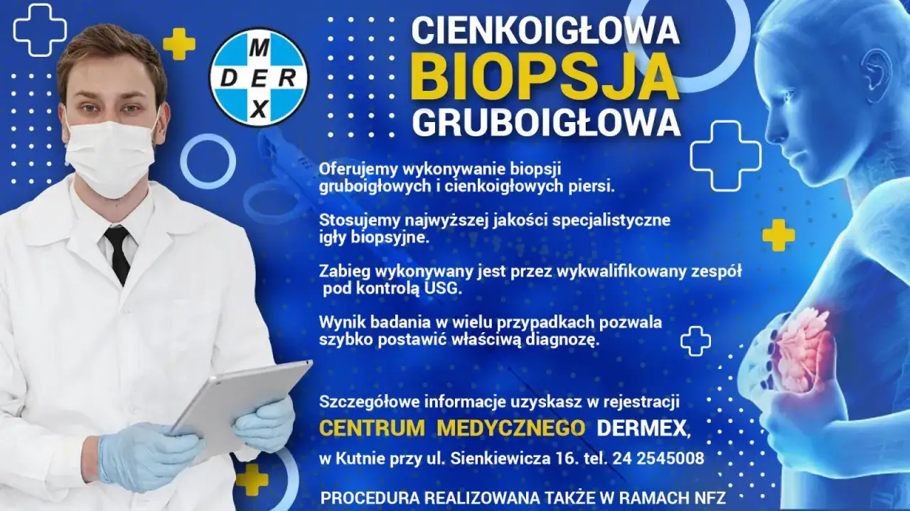 Lekarz w masce i fartuchu oferuje biopsję mammotomiczną piersi. Wykorzystujemy specjalistyczne igły i kontrolę USG.