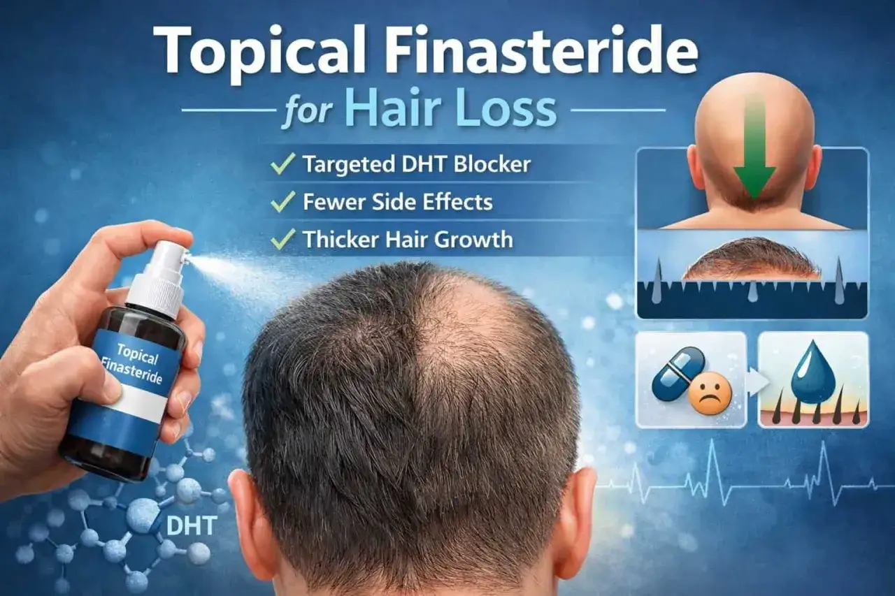 Spray Topical Finasteride na łysienie. Blokuje DHT, mniej skutków ubocznych, gęstsze włosy.