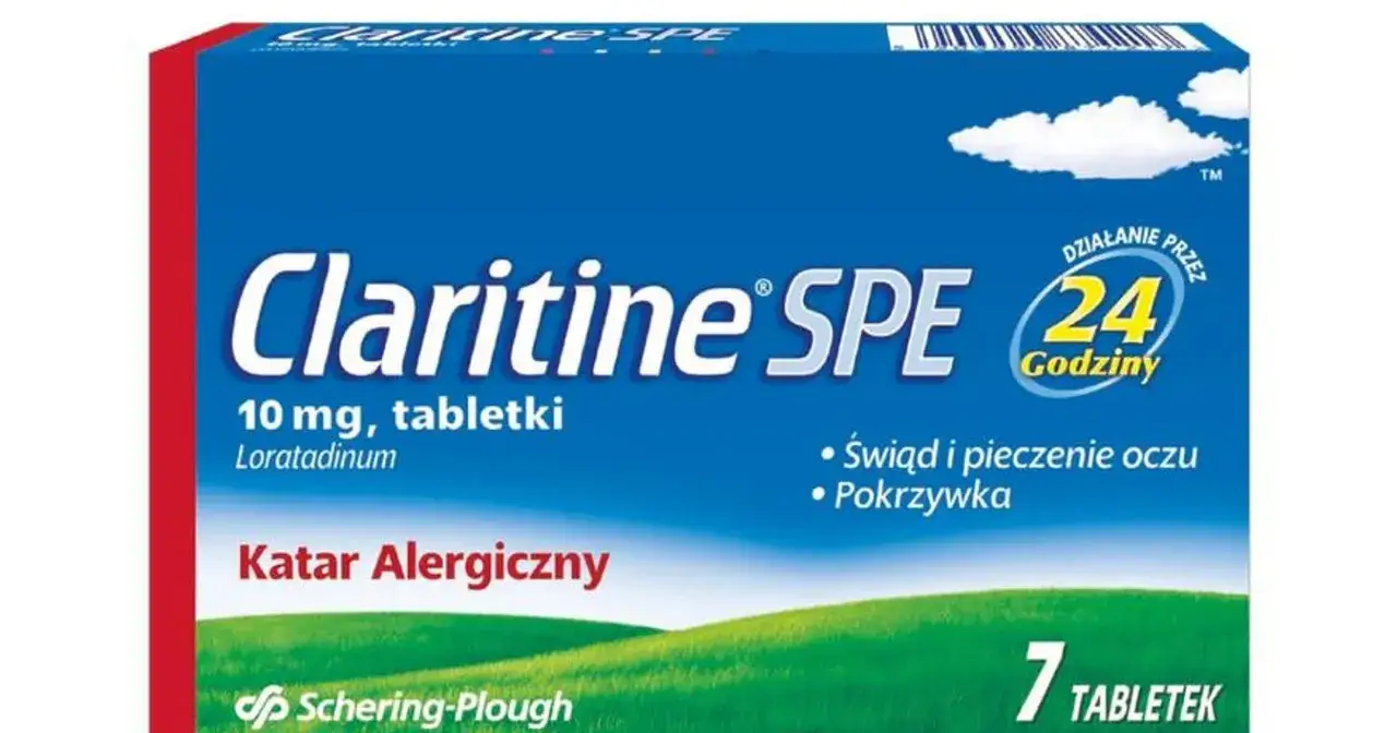 Opakowanie leku Claritine SPE na katar sienny, 10 mg, 7 tabletek. Działa przez 24 godziny.