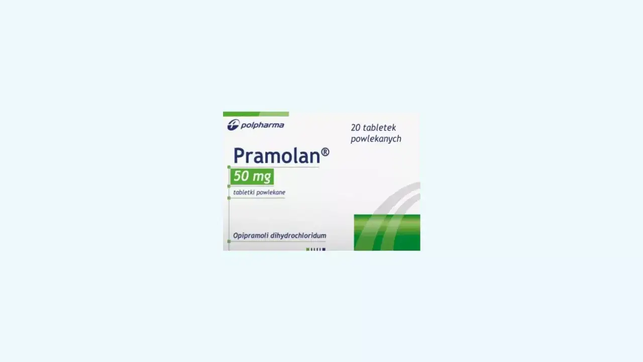 Opakowanie leku Pramolan 50 mg, 20 tabletek powlekanych. Informacje o pramolan dawkowanie znajdziesz na ulotce.
