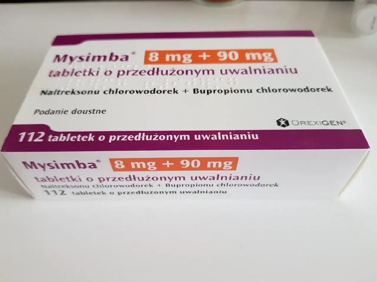 Opakowanie leku Mysimba, zawierającego naltrekson i bupropion (składnik Wellbutrin), 112 tabletek o przedłużonym uwalnianiu.