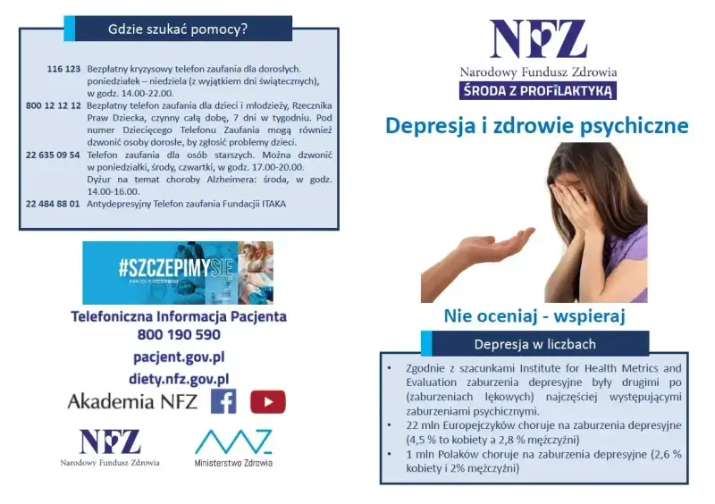 Obraz przedstawia plakat informacyjny o zdrowiu psychicznym. Widać na nim hasła "Depresja i zdrowie psychiczne", "Nie oceniaj - wspieraj" oraz dane kontaktowe do telefonów zaufania, w tym antydepresyjnego. W tle znajduje się zdjęcie osoby ukrywającej t...