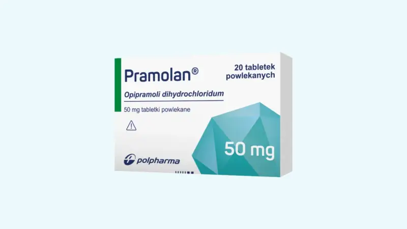 Opakowanie leku Pramolan 50 mg. Warto zapoznać się z ulotką dotyczącą pramolan dawkowanie.